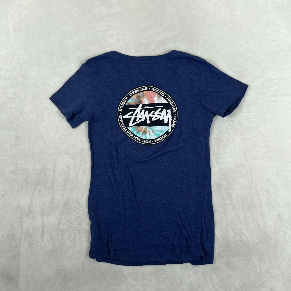 Stussy T-Shirt Womens Small Blue V-Neck Logo Back Tie Dye Surf Graphic Tee